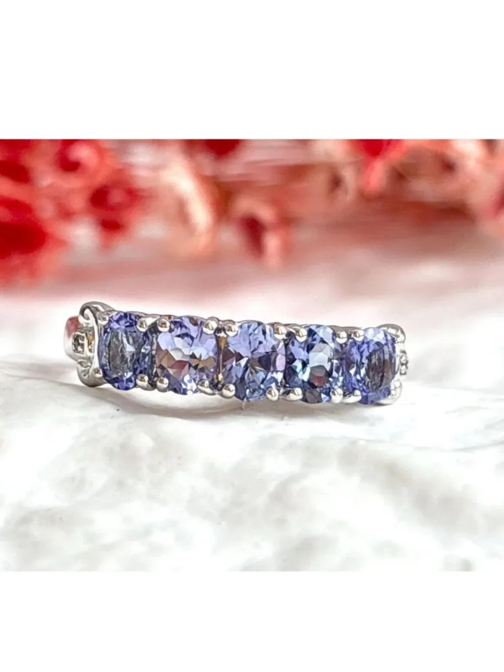 Tanzanite Gemstone Oval Cut Row Set Sterling Silver 925 Vintage Ring - sz 8